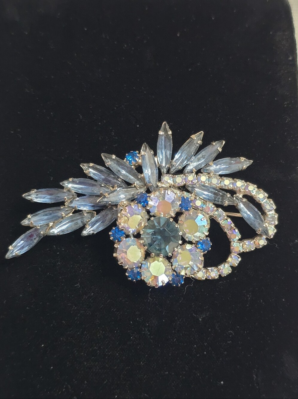 Vintage Aurora Blue Hues Crystal Rhinestone Floral Spray Brooch